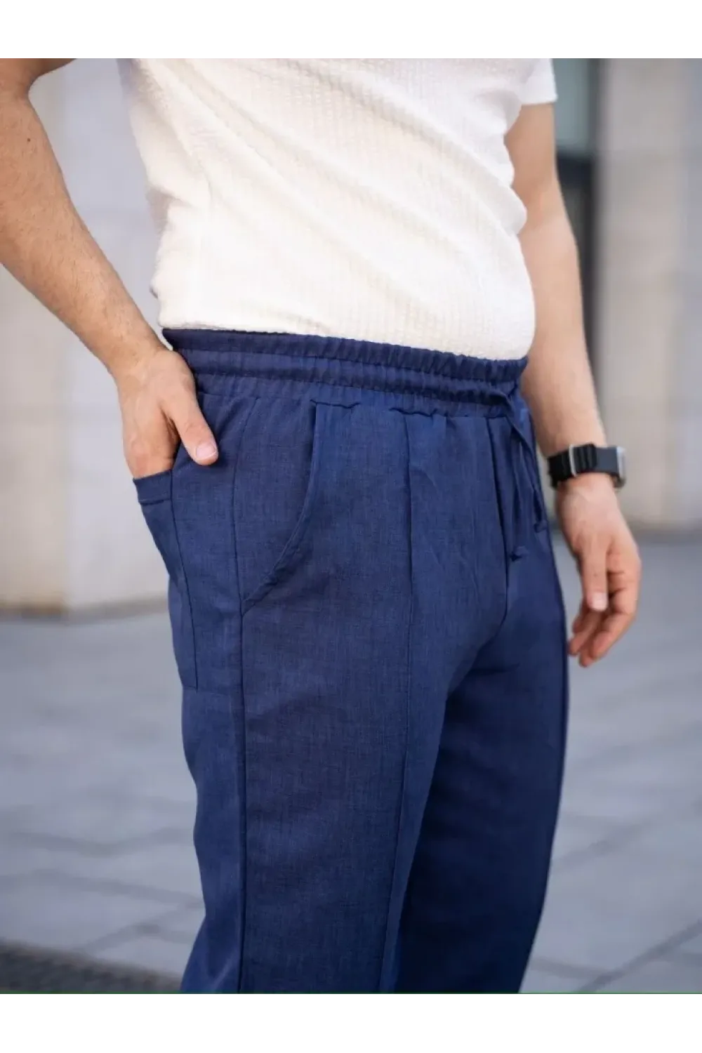 Erkek Keten Cepli Çıma Dikişli Jogger Buggy Pantalon Rahat Kalıp - Lacivert