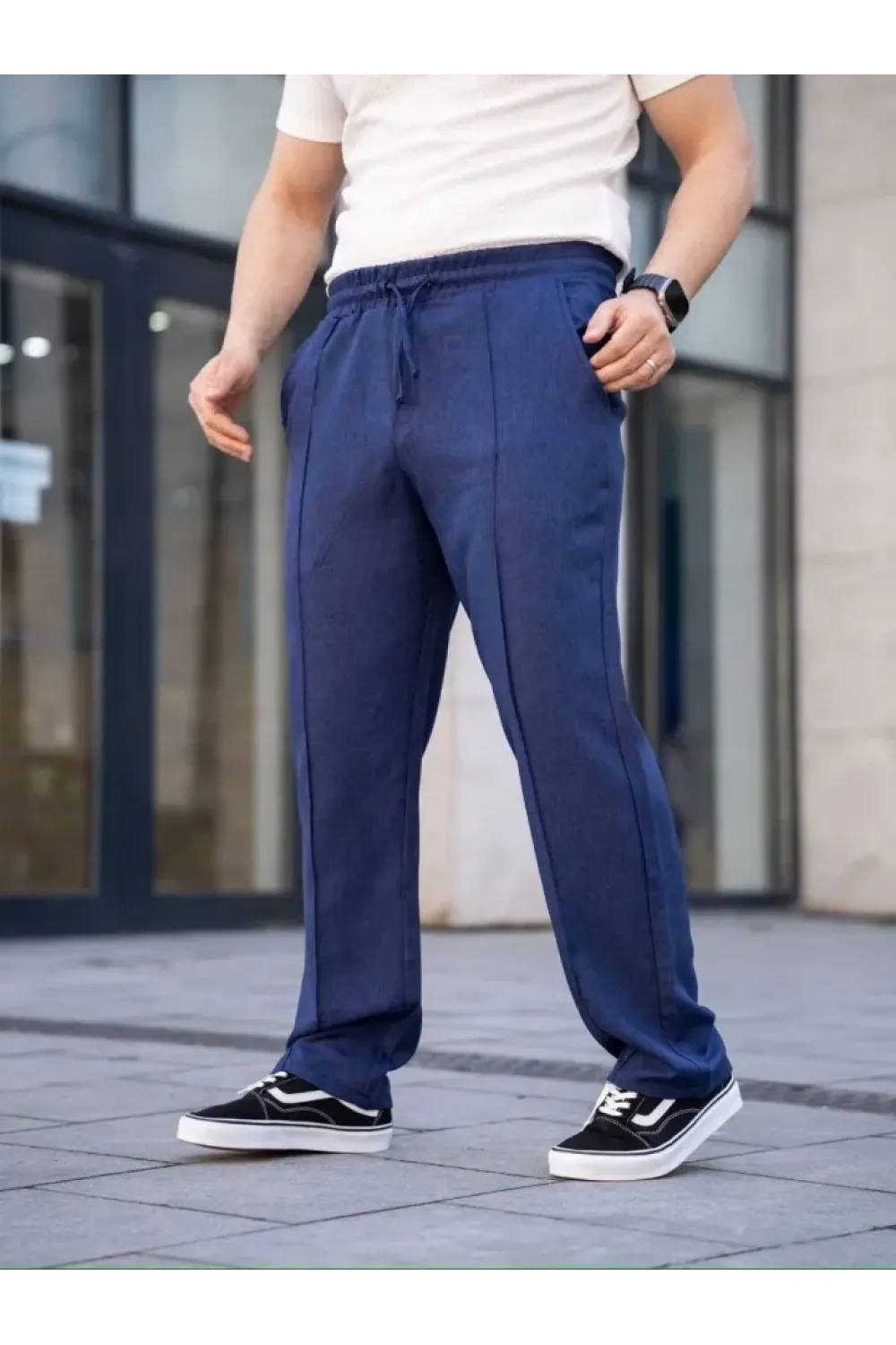 Erkek Keten Cepli Çıma Dikişli Jogger Buggy Pantalon Rahat Kalıp - Lacivert