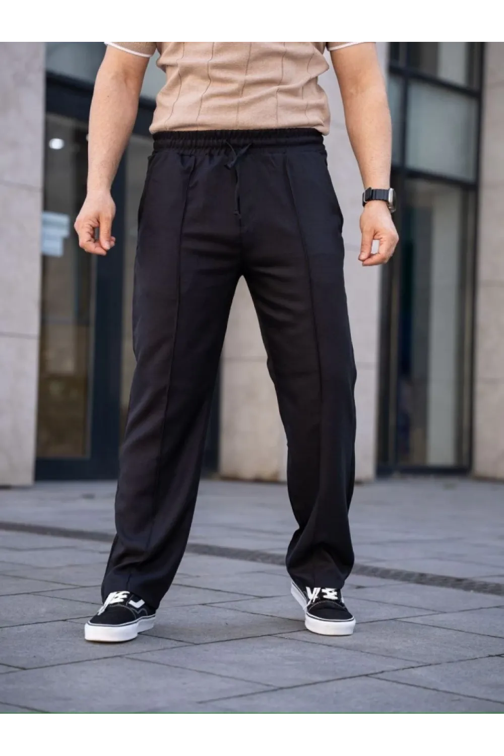 Erkek Keten Cepli Çıma Dikişli Jogger Buggy Pantalon Rahat Kalıp - Siyah