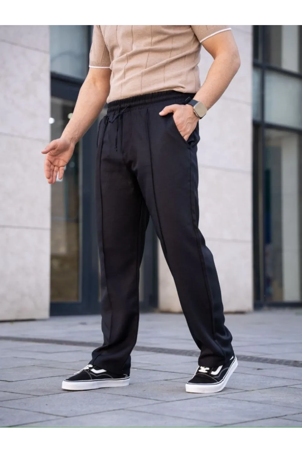 Erkek Keten Cepli Çıma Dikişli Jogger Buggy Pantalon Rahat Kalıp - Siyah