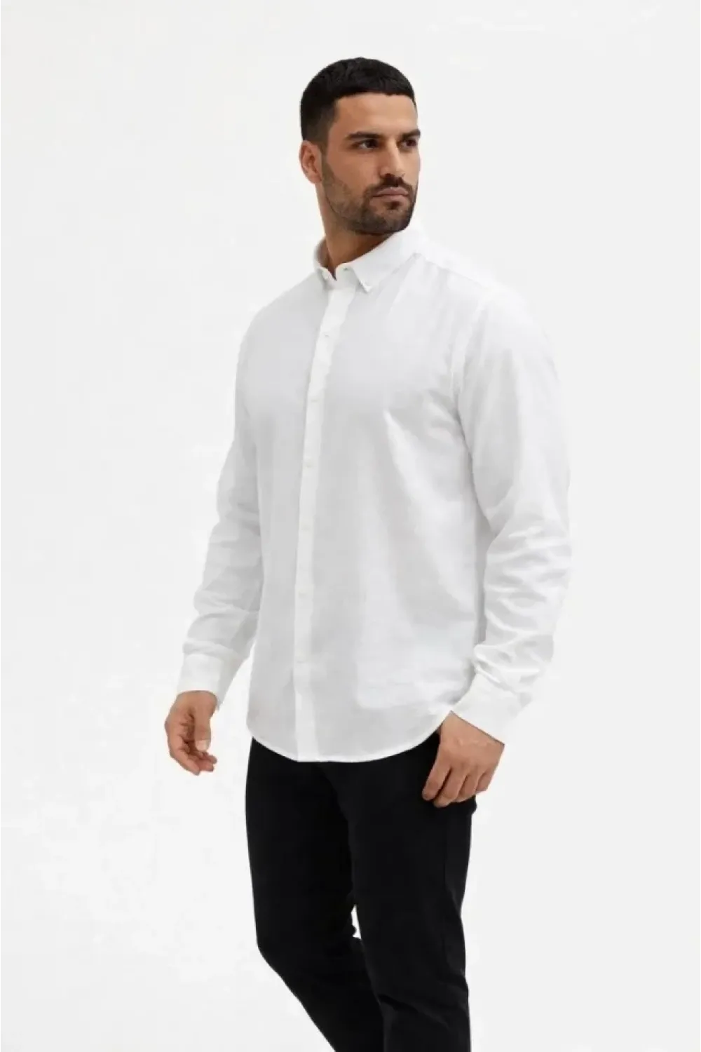 Erkek KETEN Kumaş Oversize Uzun Kollu Rahat Kalıp Gömlek - Beyaz