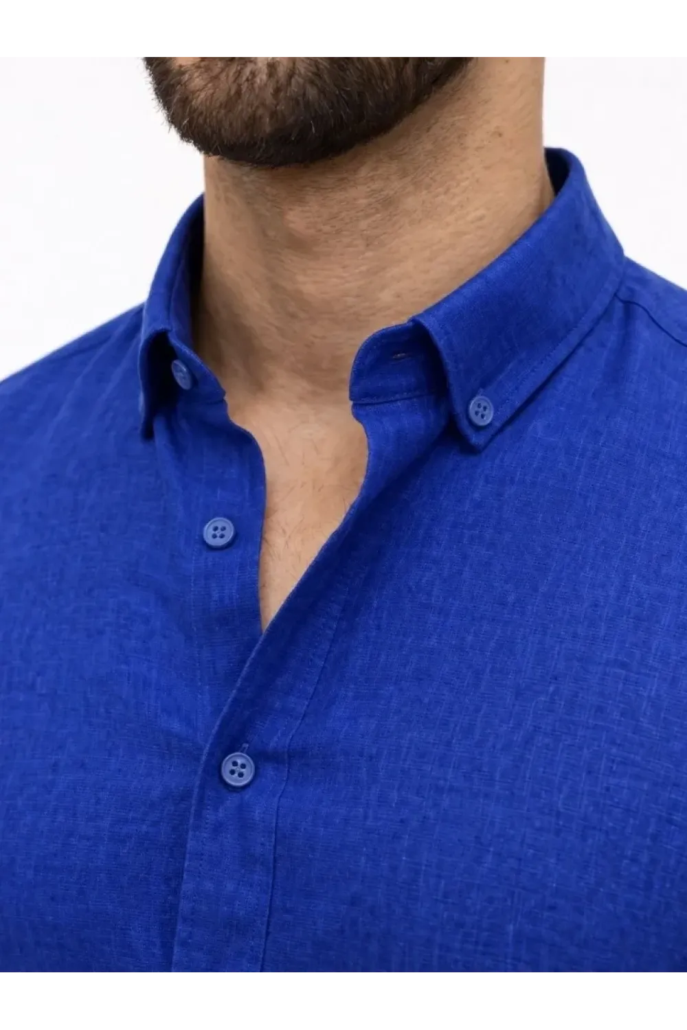 Erkek KETEN Kumaş Oversize Uzun Kollu Rahat Kalıp Gömlek - Saks Mavisi
