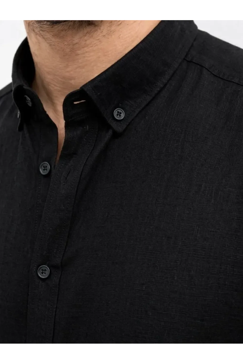 Erkek KETEN Kumaş Oversize Uzun Kollu Rahat Kalıp Gömlek - Siyah