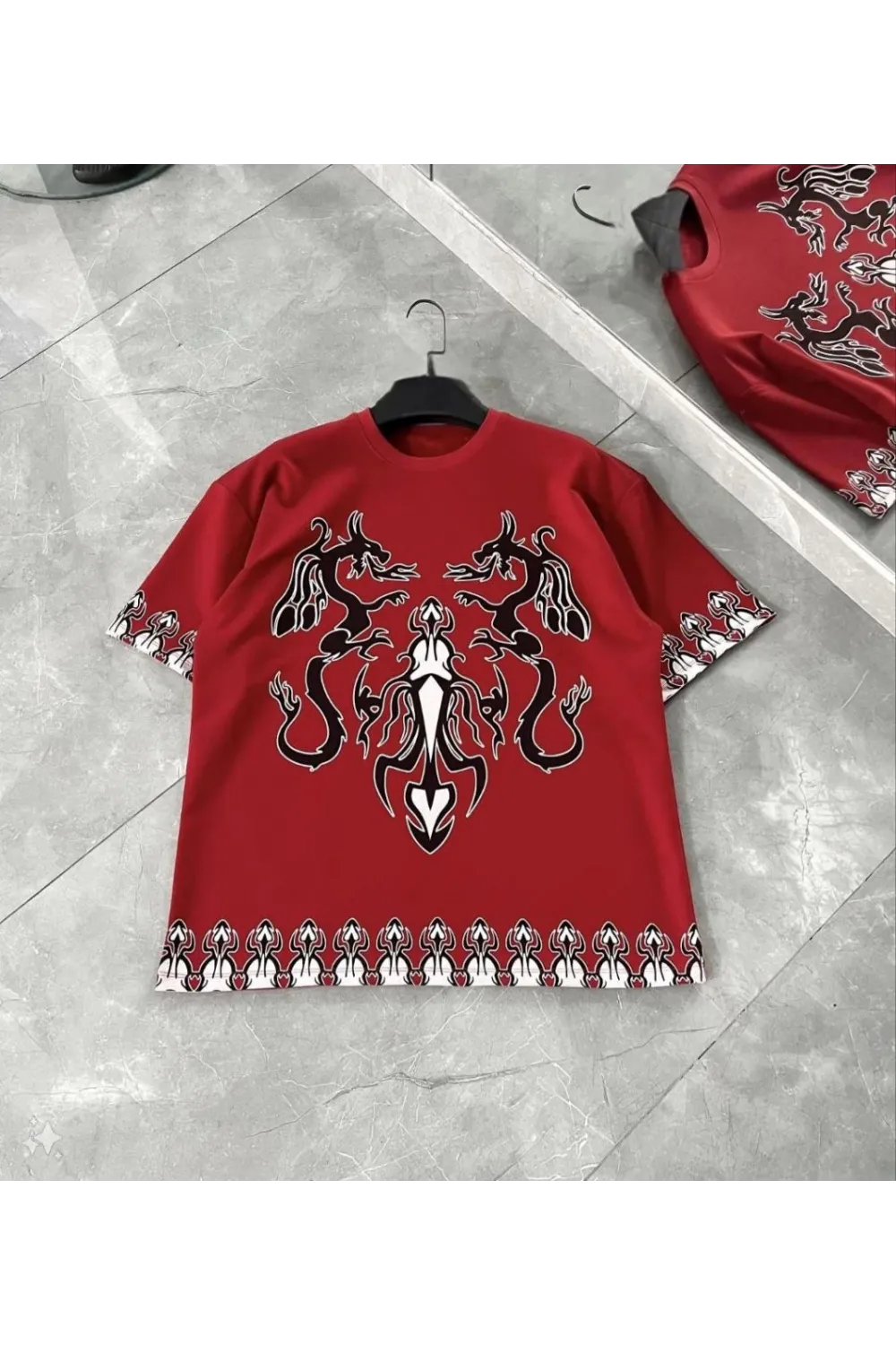 Erkek  Kısa kol Bisiklet Yaka Baskılı Oversize T-Shirt - Kırmızı