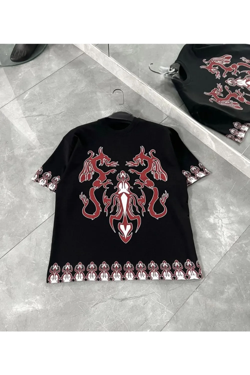 Erkek  Kısa kol  Bisiklet Yaka Baskılı Oversize T-Shirt - Siyah