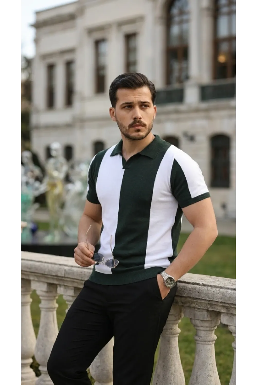 Erkek Kısa Kollu Polo Yakalı Blok Desenli Triko Bluz