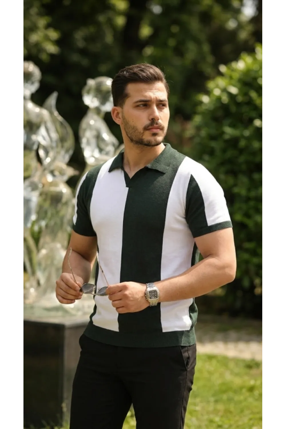 Erkek Kısa Kollu Polo Yakalı Blok Desenli Triko Bluz
