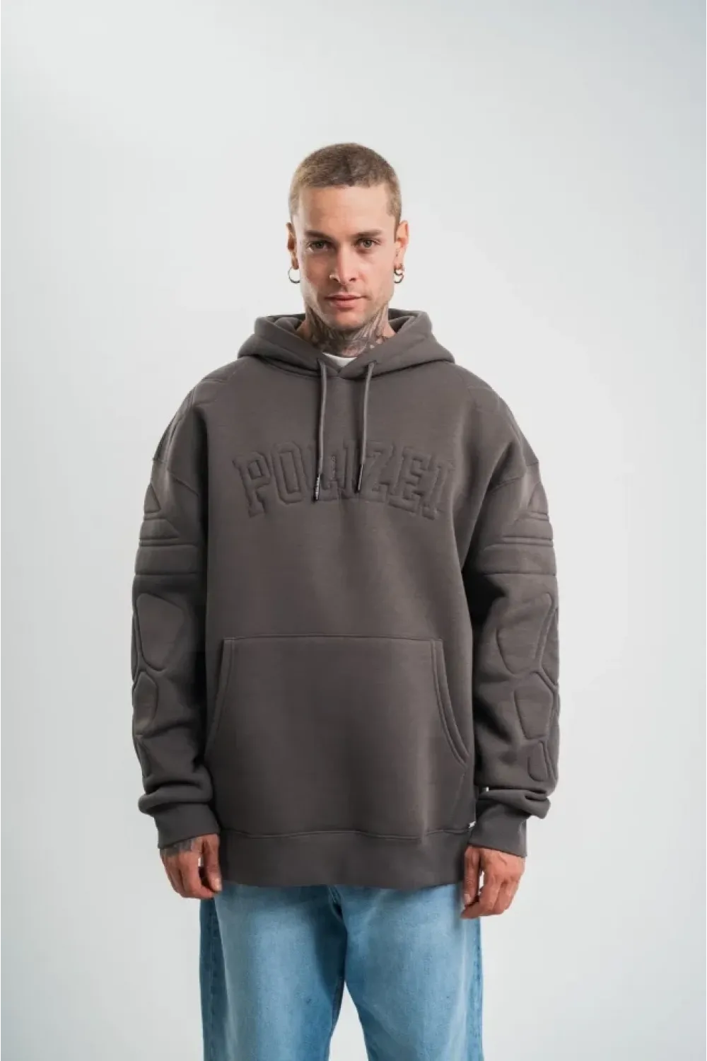 Erkek Nakış İşlemeli Kapşonlu Antrasit Sweatshirt Üç İplik Double Oversize- Füme