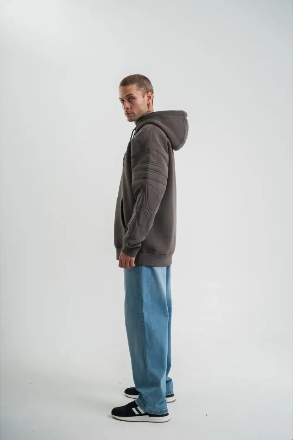 Erkek Nakış İşlemeli Kapşonlu Antrasit Sweatshirt Üç İplik Double Oversize- Füme