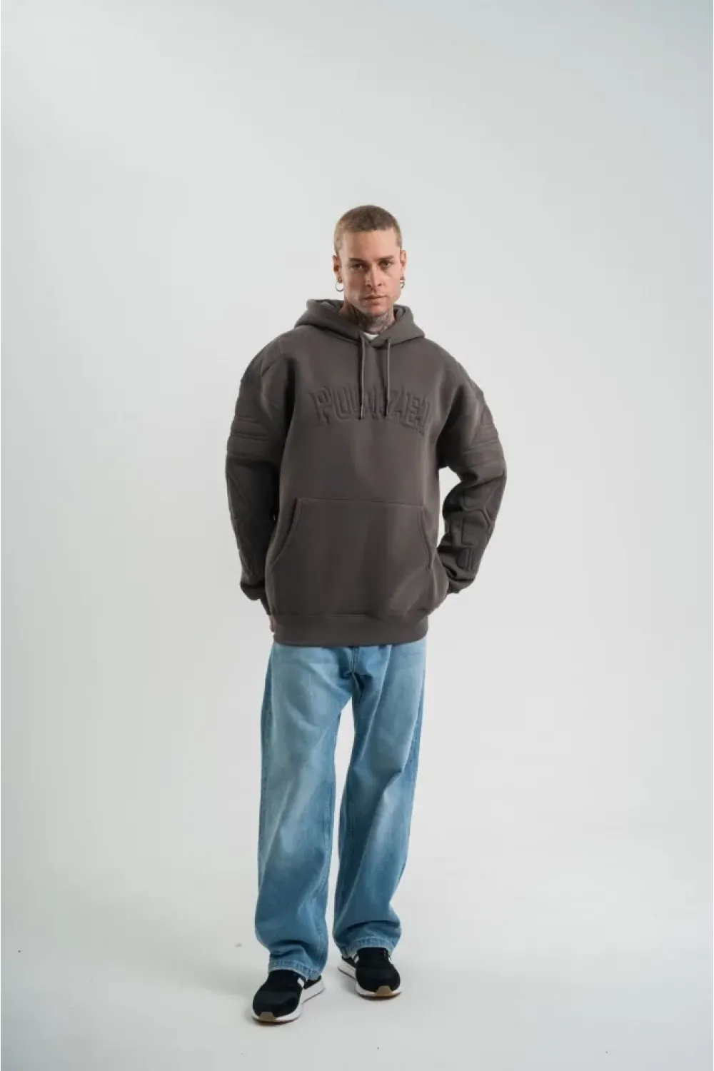 Erkek Nakış İşlemeli Kapşonlu Antrasit Sweatshirt Üç İplik Double Oversize- Füme