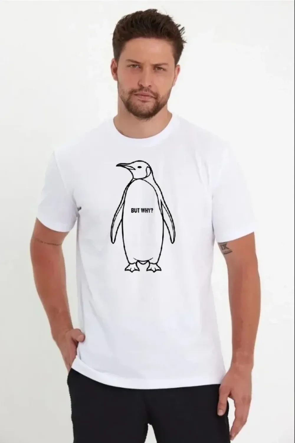 Erkek Nihilist Penguen Özel Tasarım Oversize Bisiklet Yaka Tişört - Beyaz