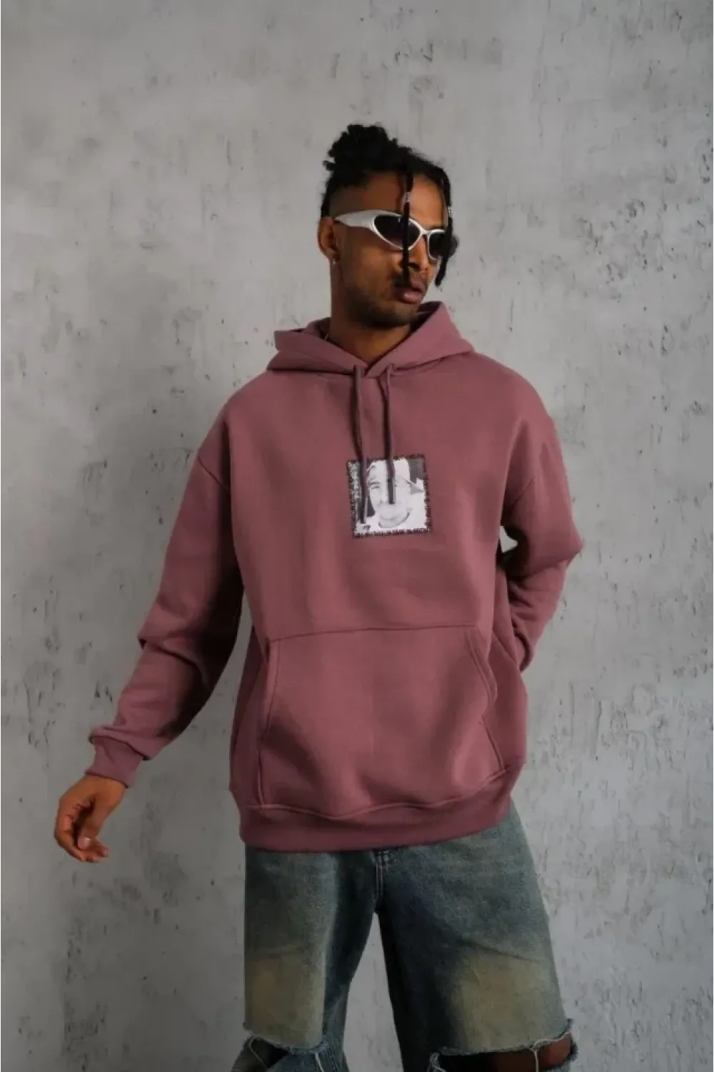 Erkek Ön Arka Baskılı Kapşonlu Sweat - Gül Kurusu