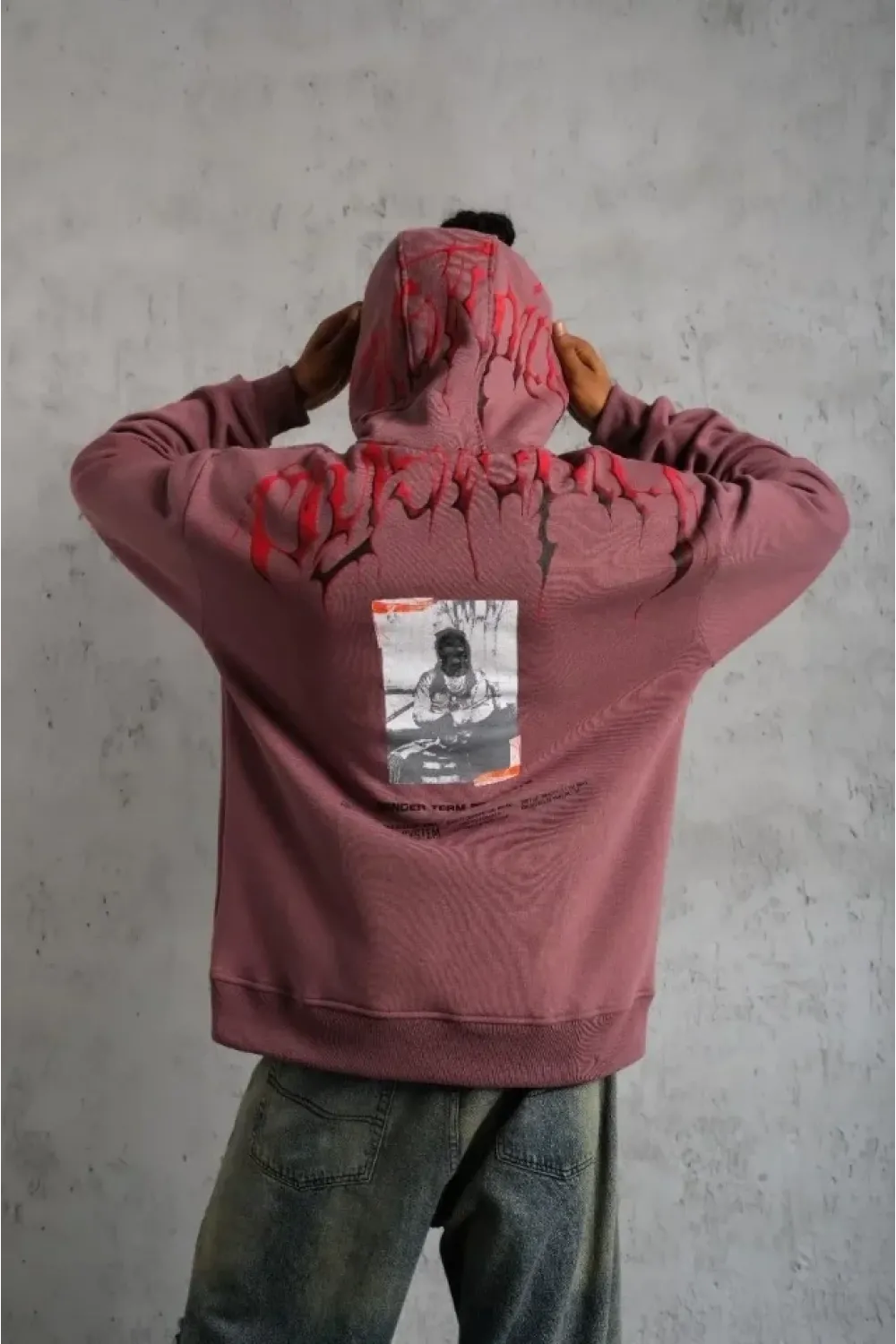 Erkek Ön Ve Arka Baskılı Kapüşonlu 3 İplik Sweatshirt - Gül Kurusu