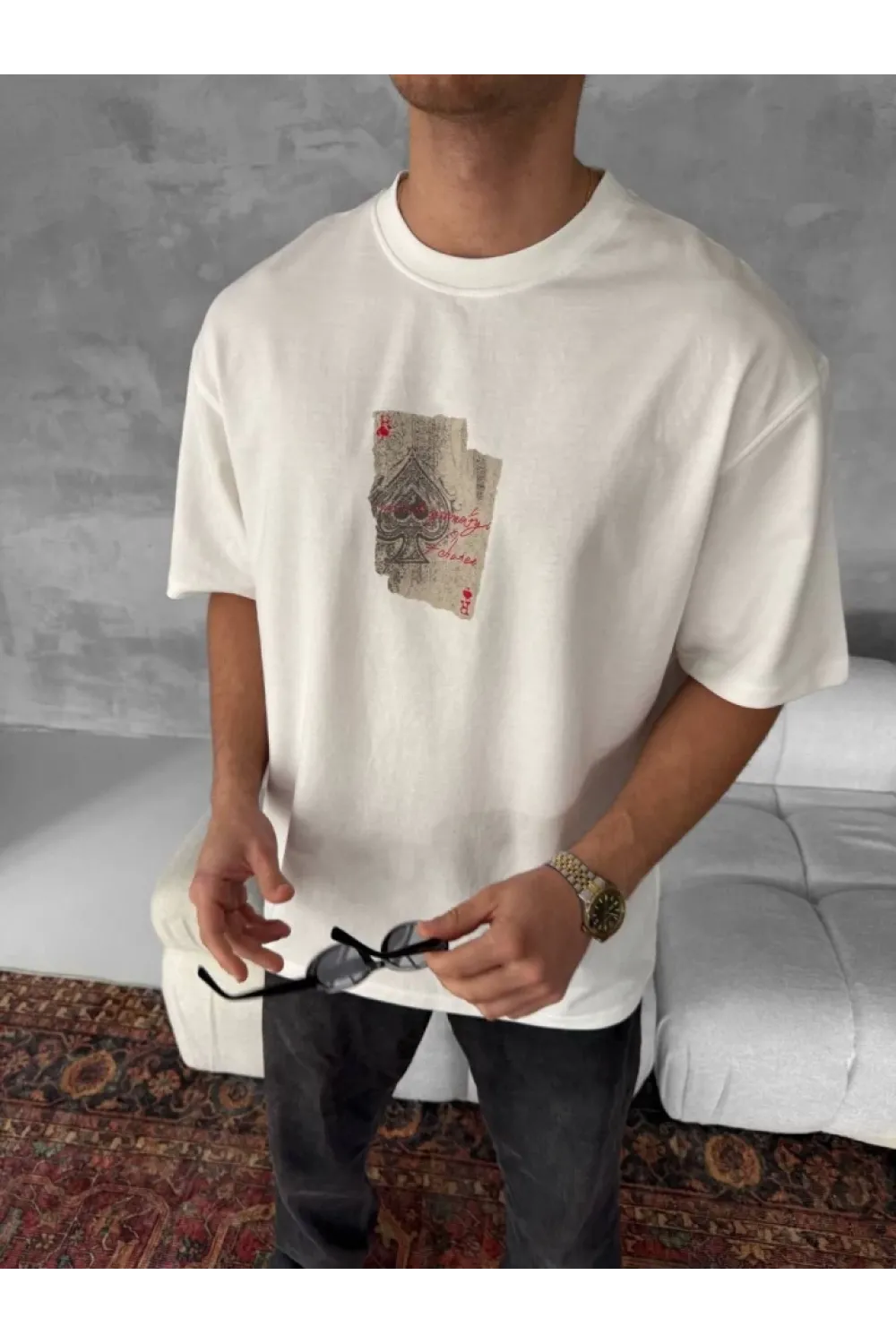Erkek Ön Ve Arka Baskılı Oversize Bisiklet Yaka T-shirt - Beyaz