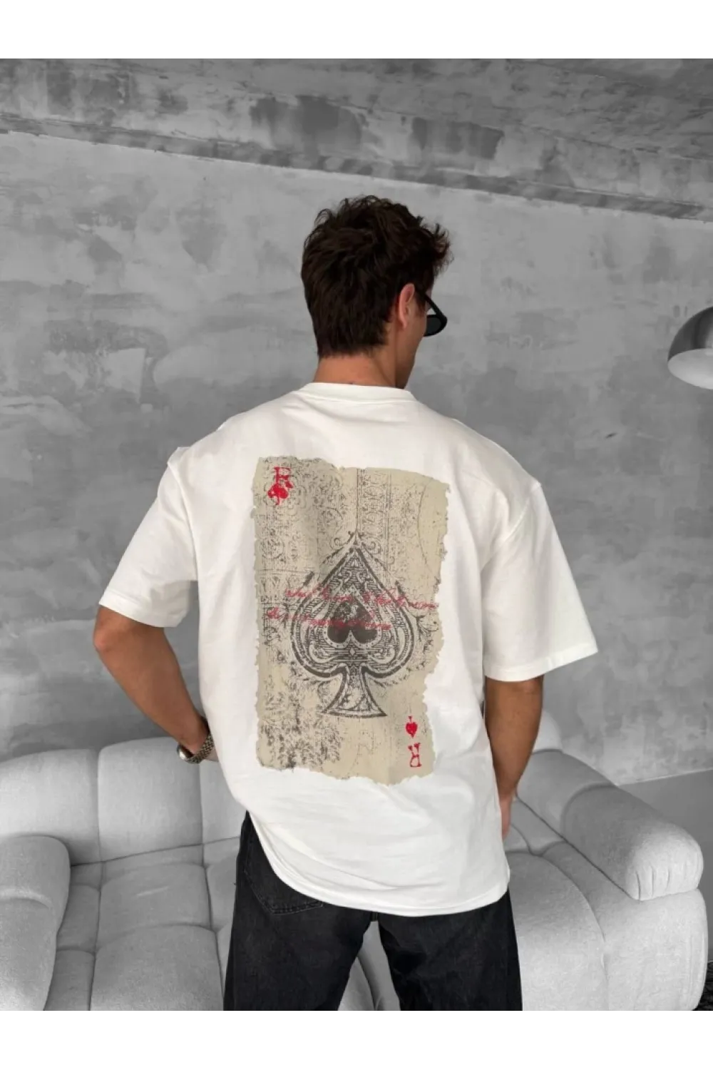 Erkek Ön Ve Arka Baskılı Oversize Bisiklet Yaka T-shirt - Beyaz