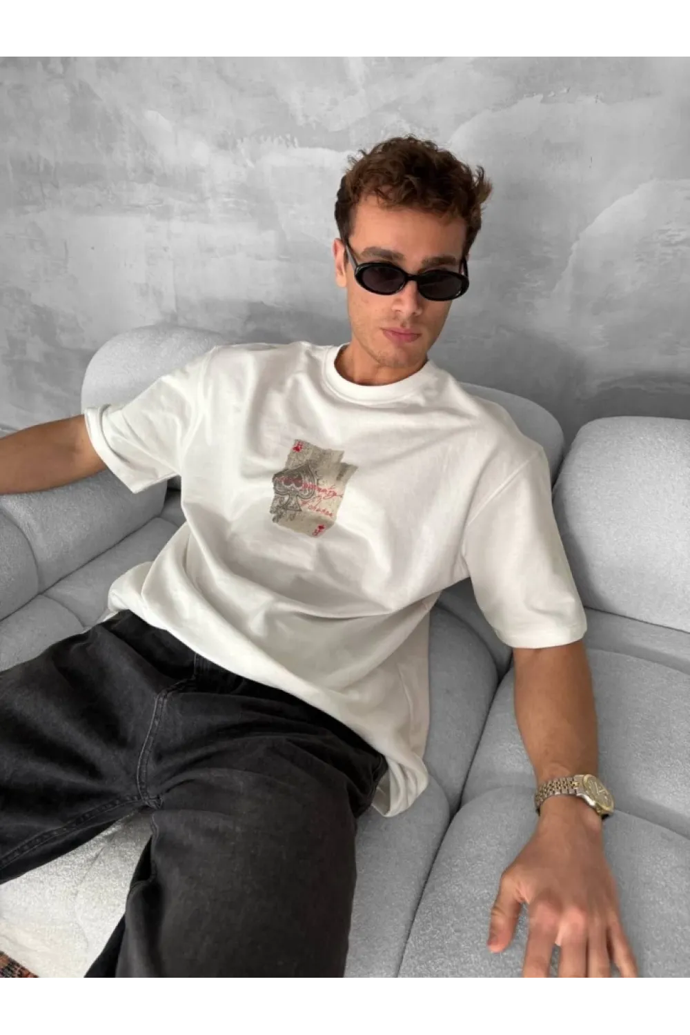 Erkek Ön Ve Arka Baskılı Oversize Bisiklet Yaka T-shirt - Beyaz