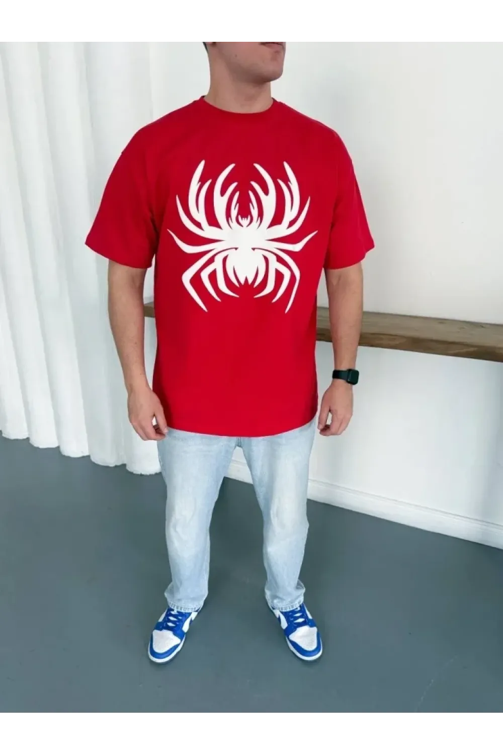 Erkek Örümcek Baskılı Tişört Kısa Kollu Bisiklet Yaka T-Shirt - Kırmızı