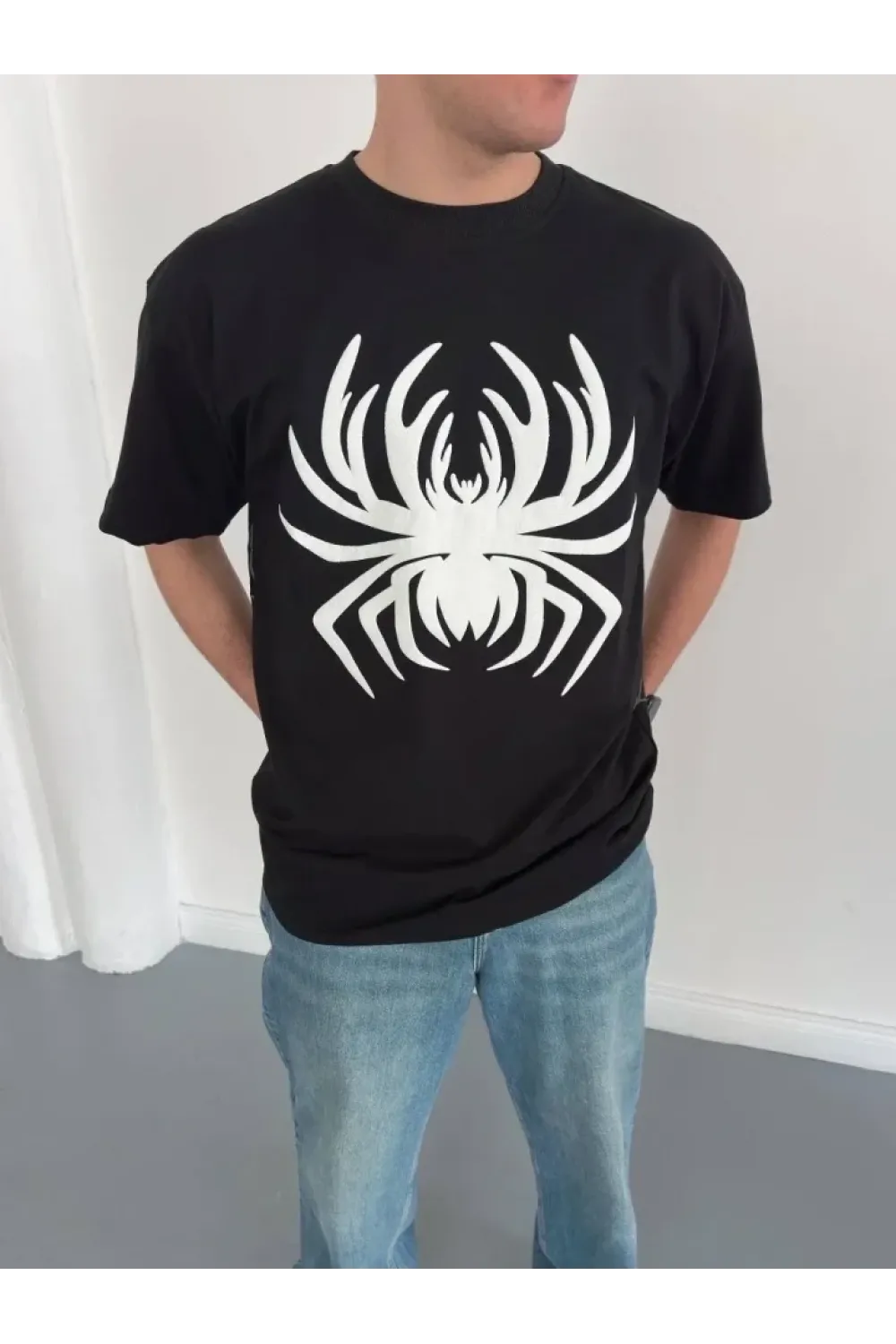 Erkek Örümcek Baskılı Tişört Kısa Kollu Bisiklet Yaka T-Shirt - Siyah