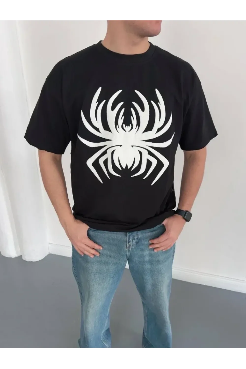 Erkek Örümcek Baskılı Tişört Kısa Kollu Bisiklet Yaka T-Shirt - Siyah