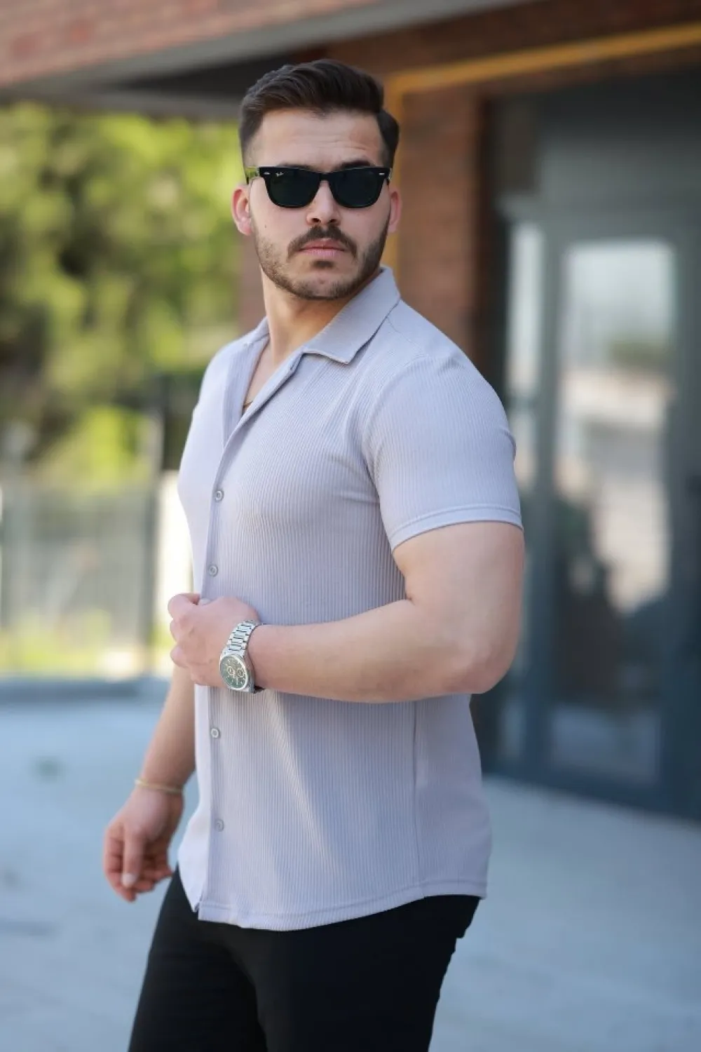 Erkek Ottoman Kumaş Apaj Yaka Kısa Kollu Gömlek