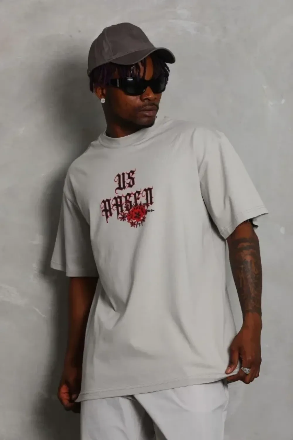 ERKEK Oversize Baskılı Bisiklet Yaka T-Shirt - Gri