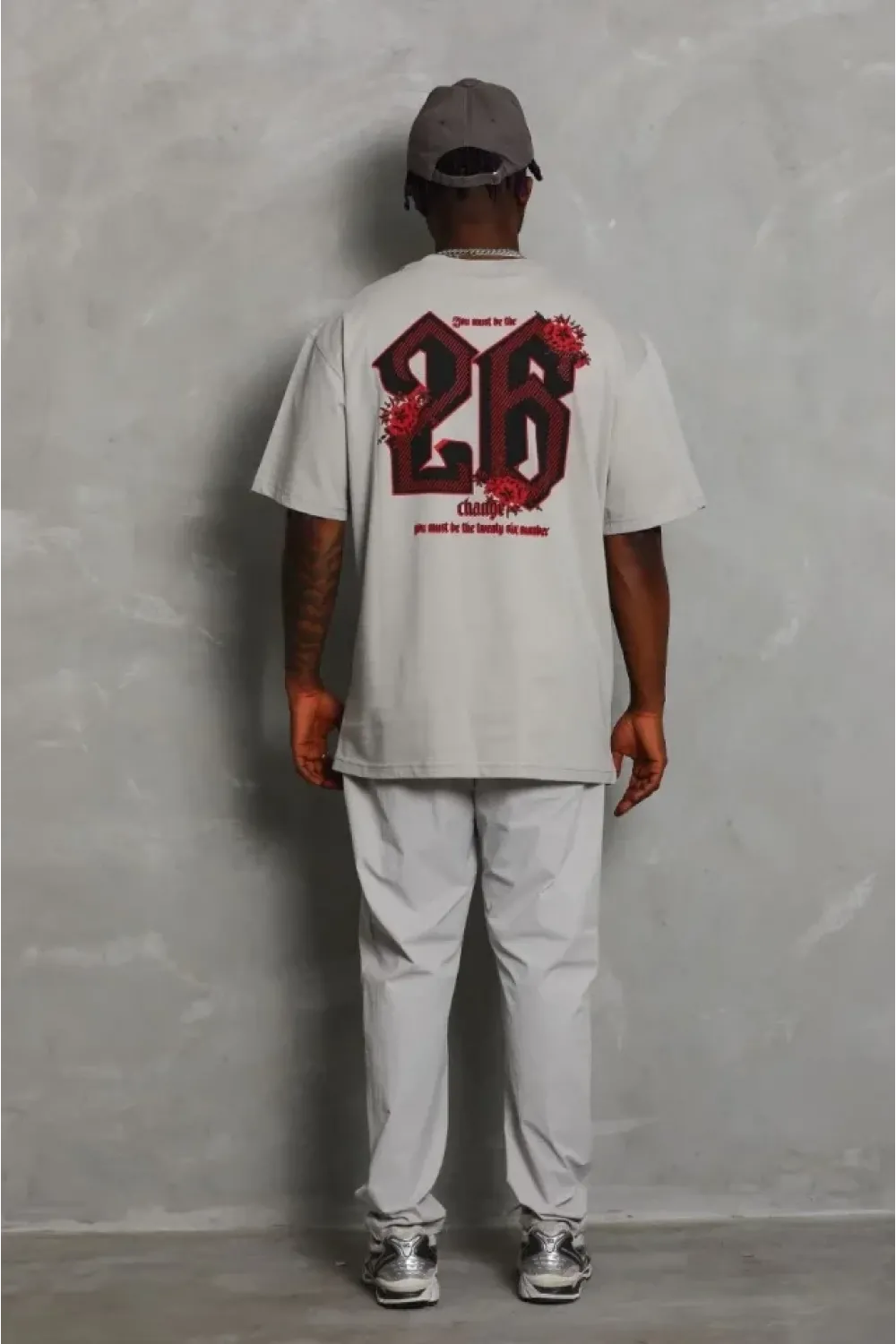 ERKEK Oversize Baskılı Bisiklet Yaka T-Shirt - Gri