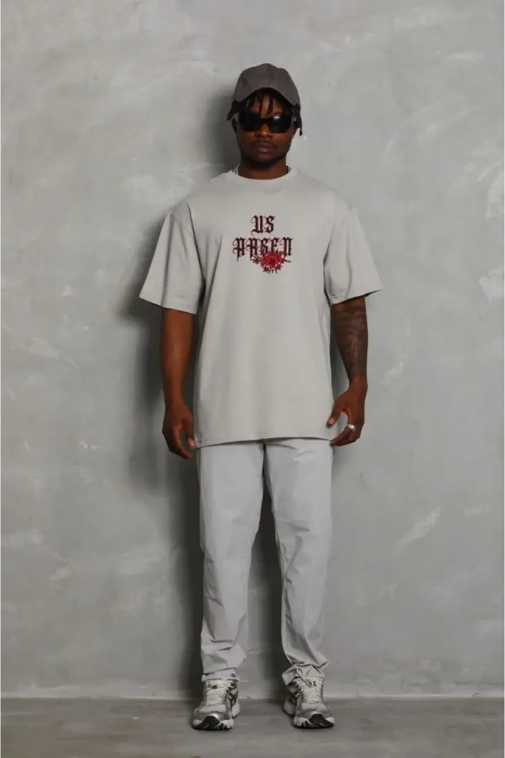 ERKEK Oversize Baskılı Bisiklet Yaka T-Shirt - Gri