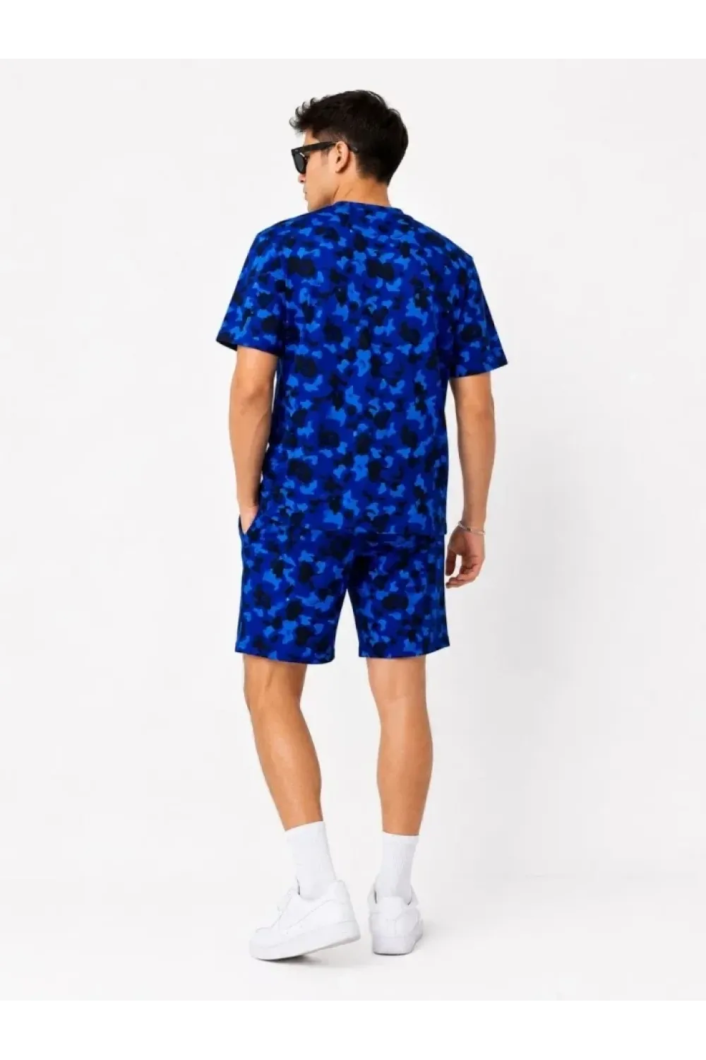 Erkek Oversize Kalıp Pubg Bape X Shark Nakışlı Cepli Şort Takım - Mavi