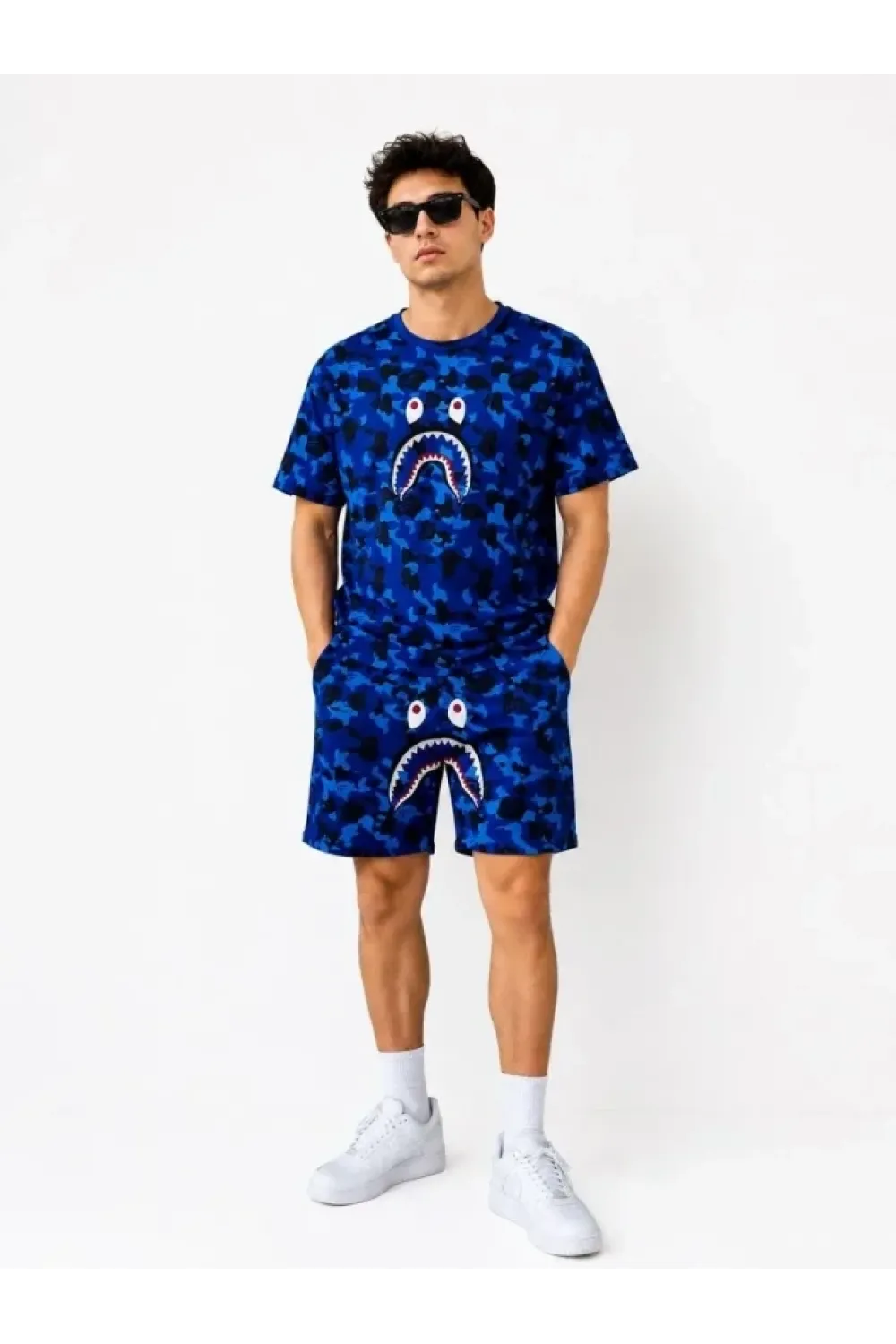 Erkek Oversize Kalıp Pubg Bape X Shark Nakışlı Cepli Şort Takım - Mavi