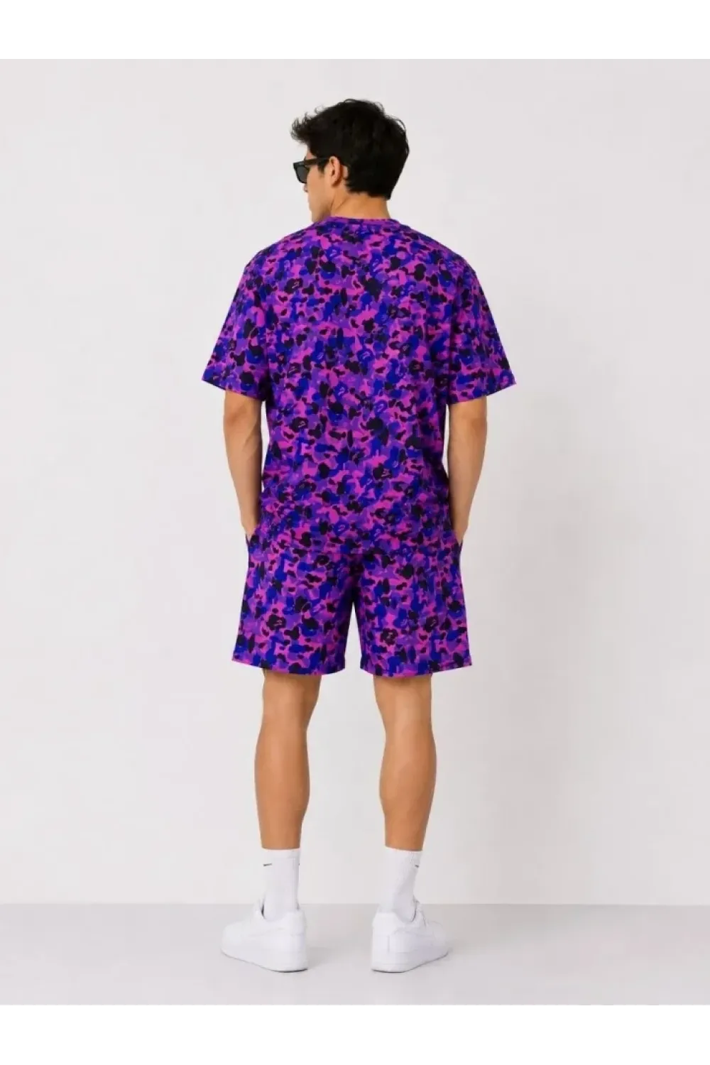 Erkek Oversize Kalıp Pubg Bape X Shark Nakışlı Cepli Şort Takım - Mor