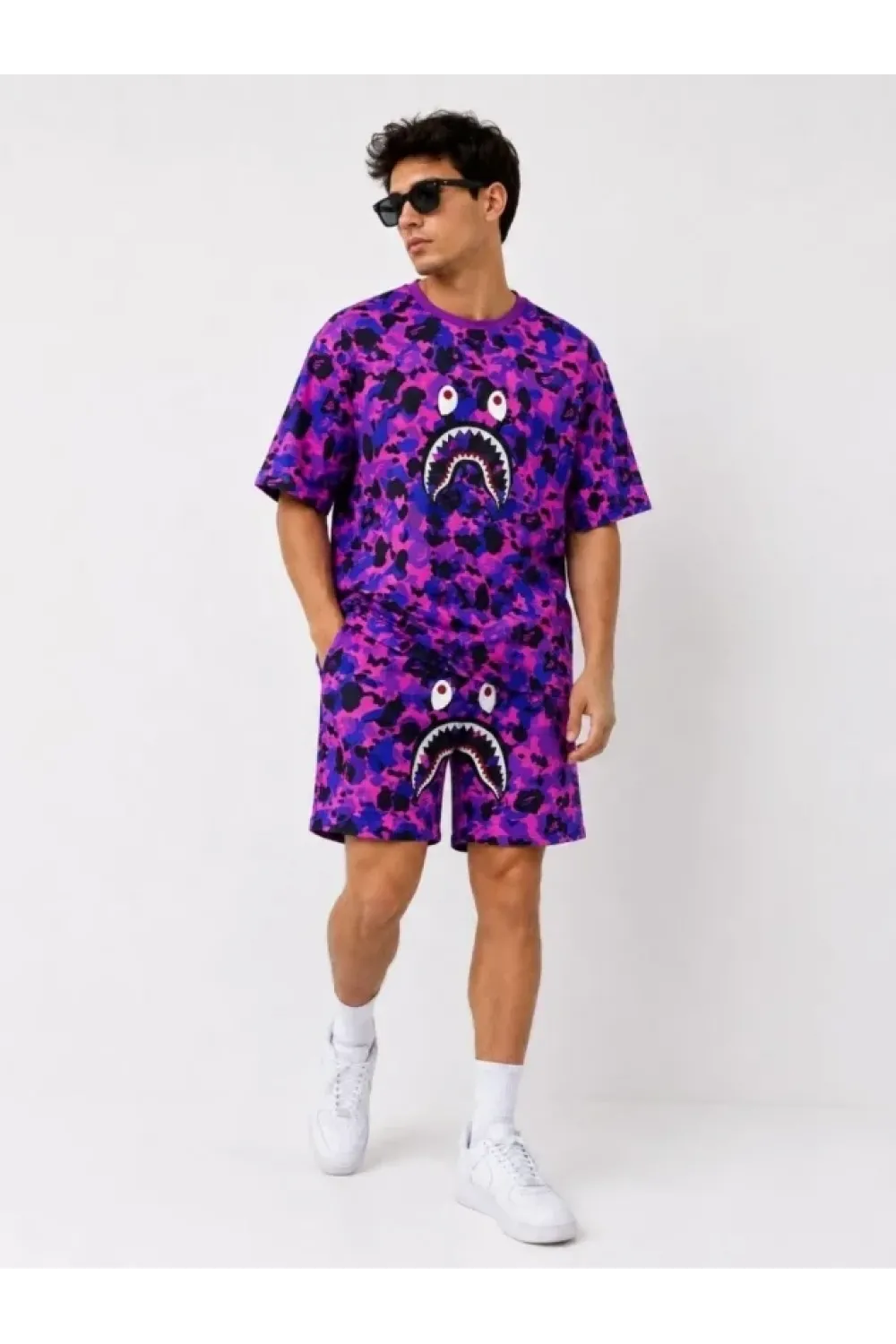 Erkek Oversize Kalıp Pubg Bape X Shark Nakışlı Cepli Şort Takım - Mor