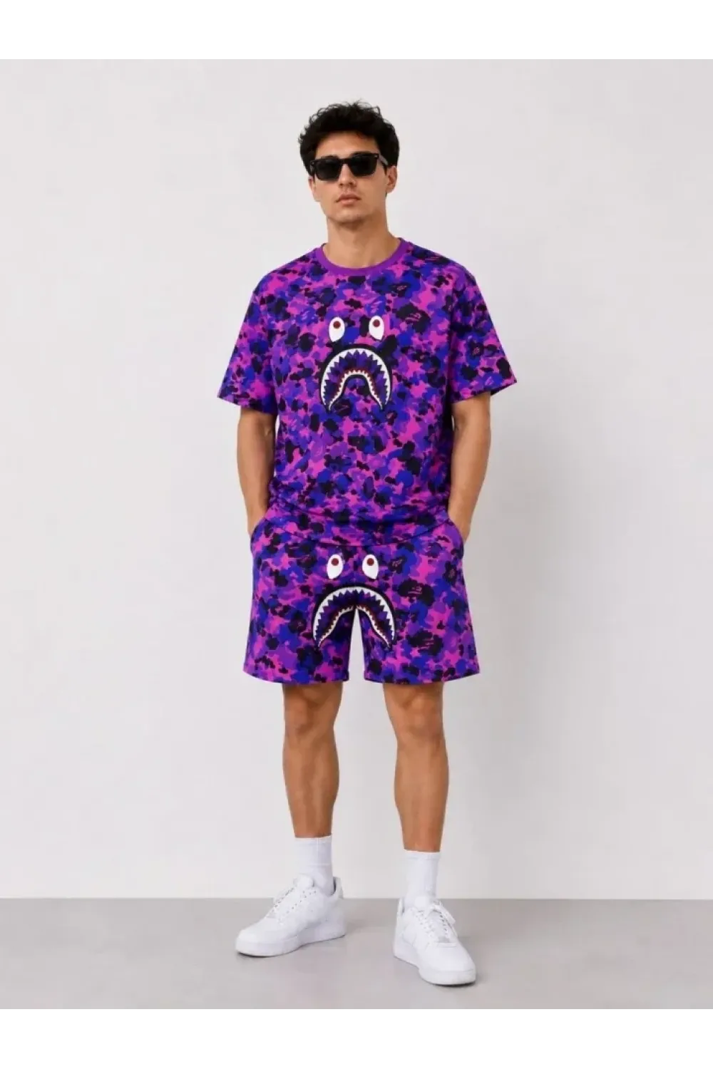 Erkek Oversize Kalıp Pubg Bape X Shark Nakışlı Cepli Şort Takım - Mor