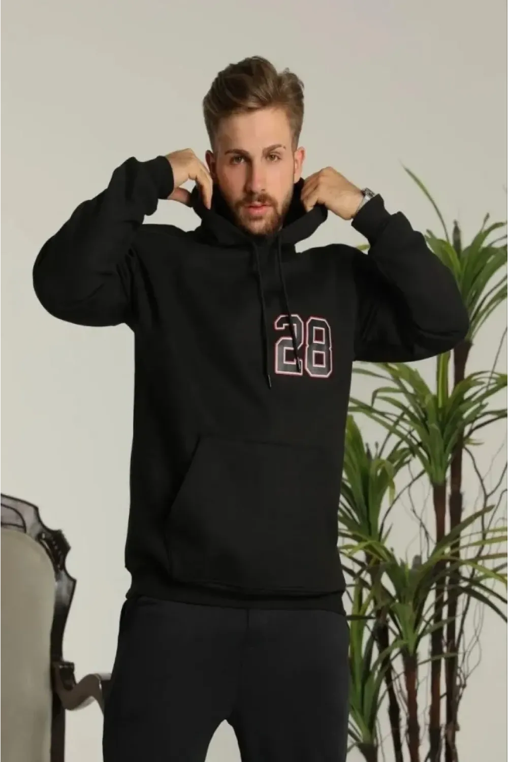 Erkek Oversize Üç İplik Kapüşonlu Sweatshirt –Sırt Ve Ön Baskılı, Kanguru Cepli, Rahat Kalıp Maskot Desenli Model - Siyah