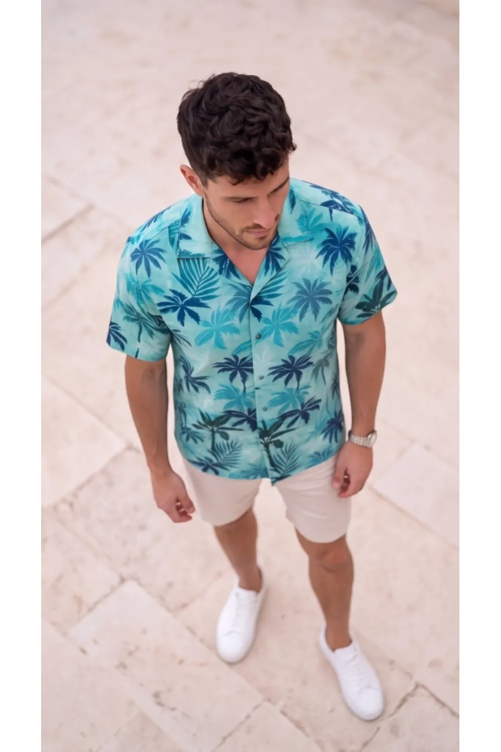 Erkek Palmiye Desenli Kısa Kollu Hawai Gömlek