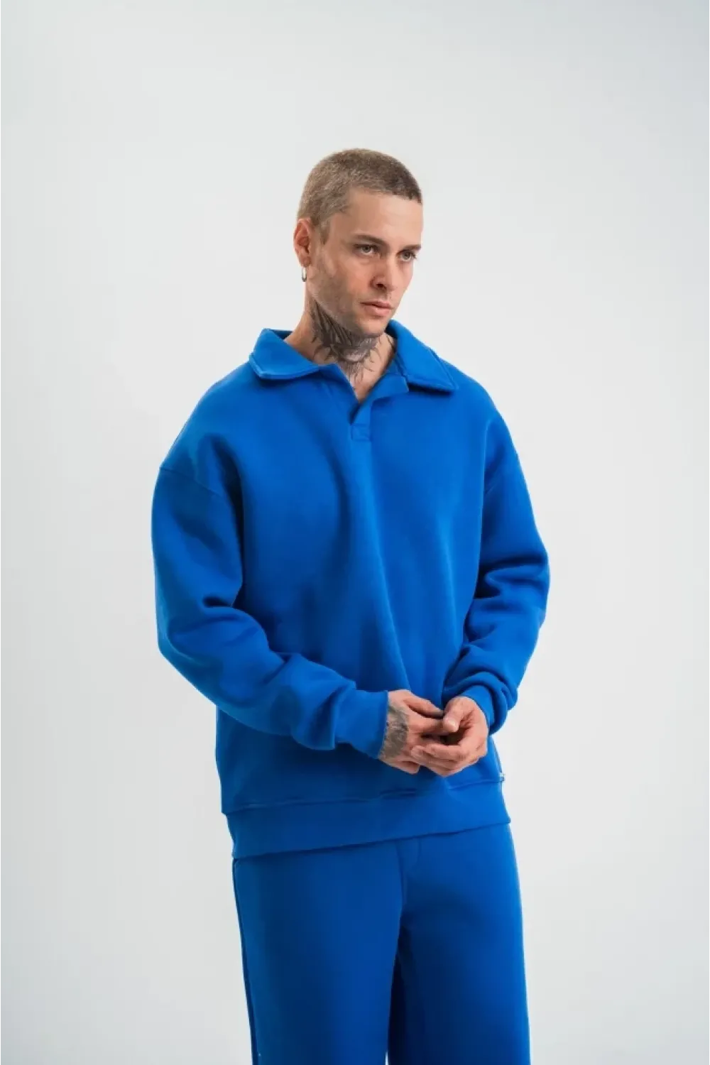 Erkek Patlı Yaka Üç İplik Pamuklu Sweatshirt Double Oversize Rahat Kalıp Günlük Kullanım - Mavi