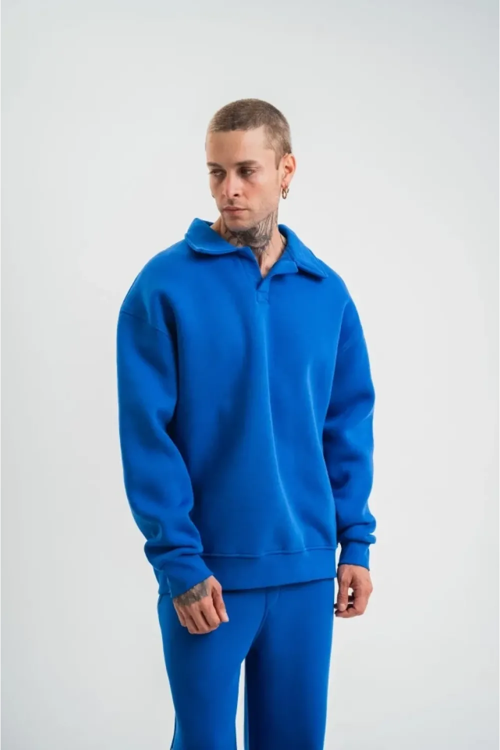 Erkek Patlı Yaka Üç İplik Pamuklu Sweatshirt Double Oversize Rahat Kalıp Günlük Kullanım - Mavi