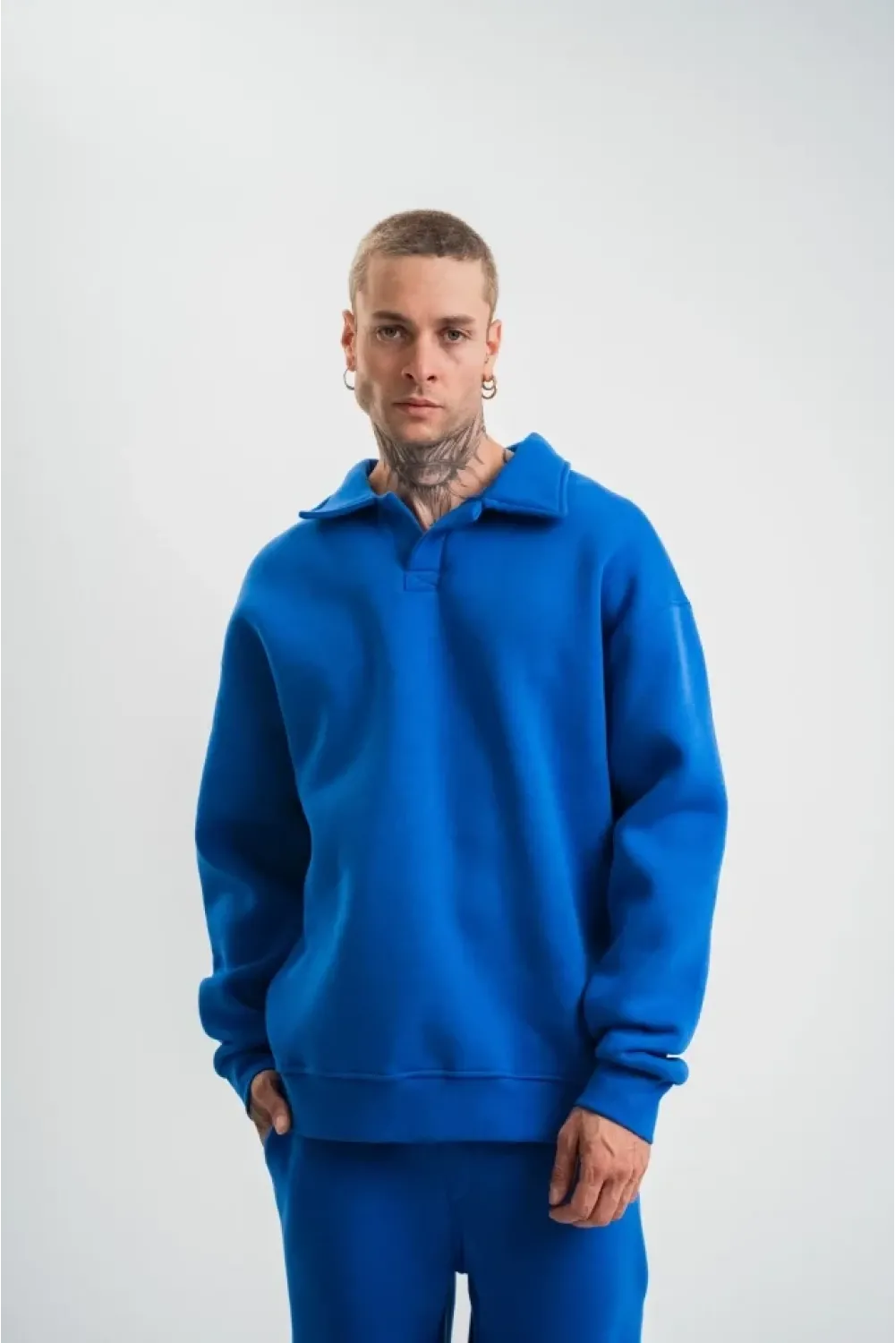 Erkek Patlı Yaka Üç İplik Pamuklu Sweatshirt Double Oversize Rahat Kalıp Günlük Kullanım - Mavi