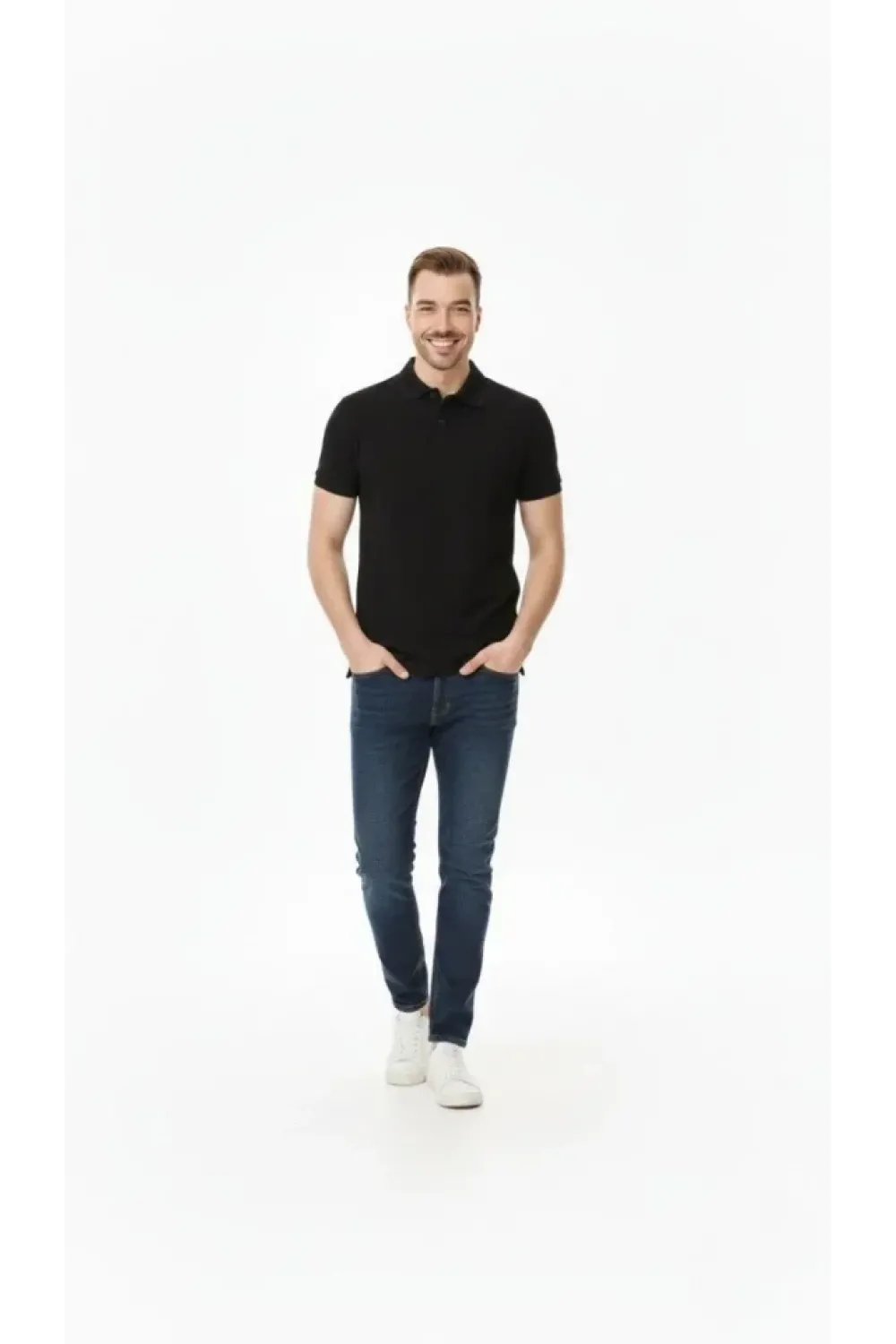 Erkek Pike Kumaş Düğmeli Yaka Regular Fit Günlük Kısa Kol Tişört T-shirt - Siyah
