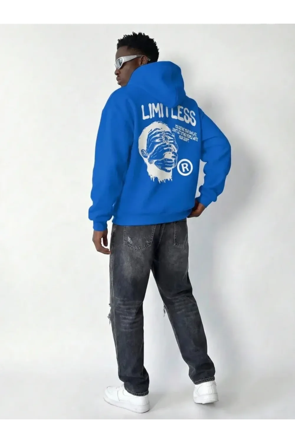 Erkek Premium Baskılı Kapşonlu Sweatshirt Üç İplik İçi Pamuklu Kanguru Cepli - Saks Mavisi