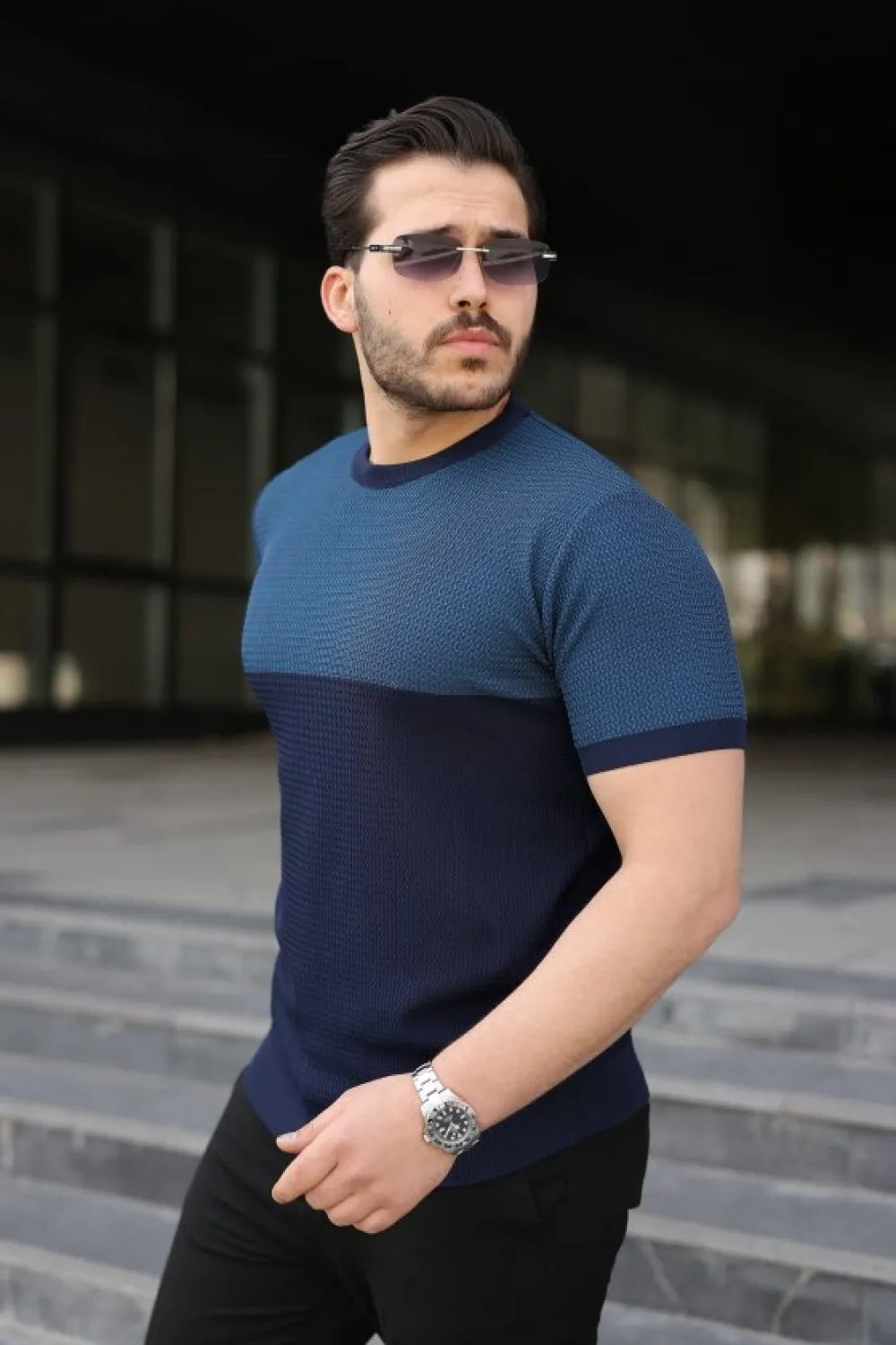 Erkek Renk Bloklu Bisiklet Yaka Kısa Kollu Triko Tişört