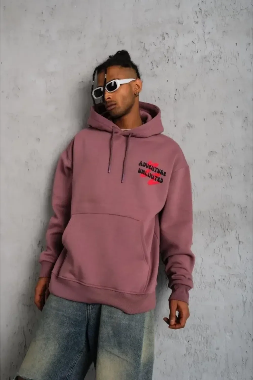 Erkek Şapkalı Güvercin Baskılı Kapşonlu Sweat - Gül Kurusu