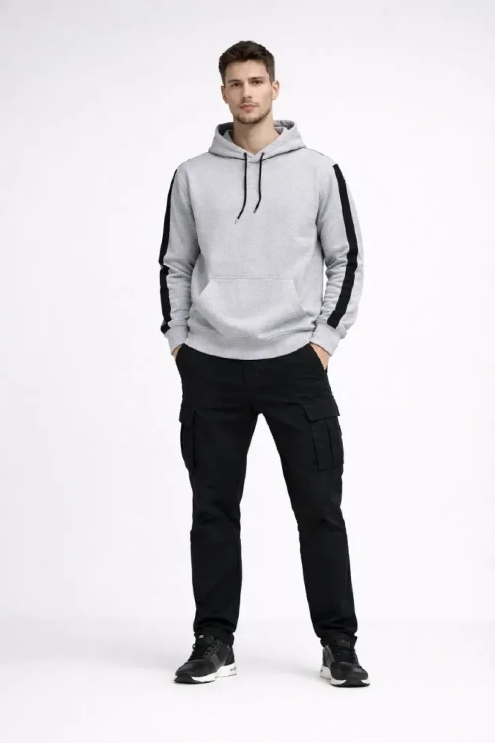 Erkek Şeritli Kapüşonlu Sweatshirt Oversize 3 Iplik Pamuklu - Beyaz