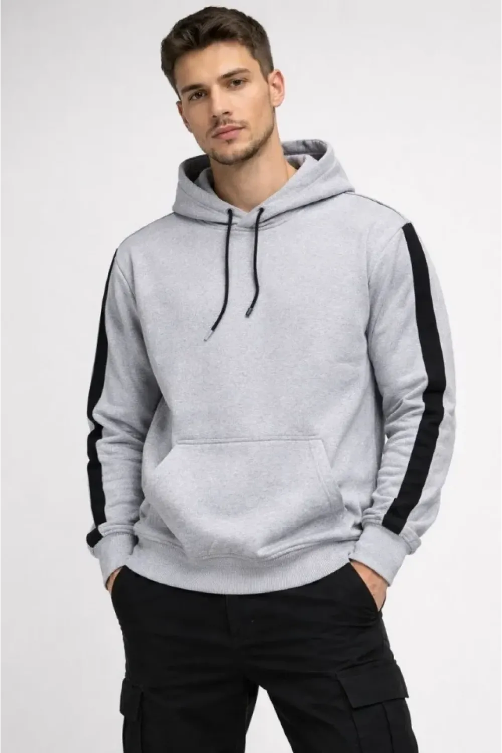 Erkek Şeritli Kapüşonlu Sweatshirt Oversize 3 Iplik Pamuklu - Beyaz