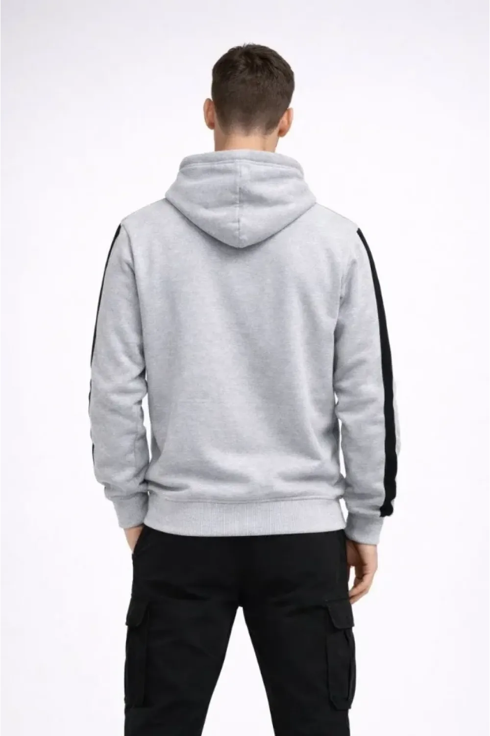 Erkek Şeritli Kapüşonlu Sweatshirt Oversize 3 Iplik Pamuklu - Beyaz