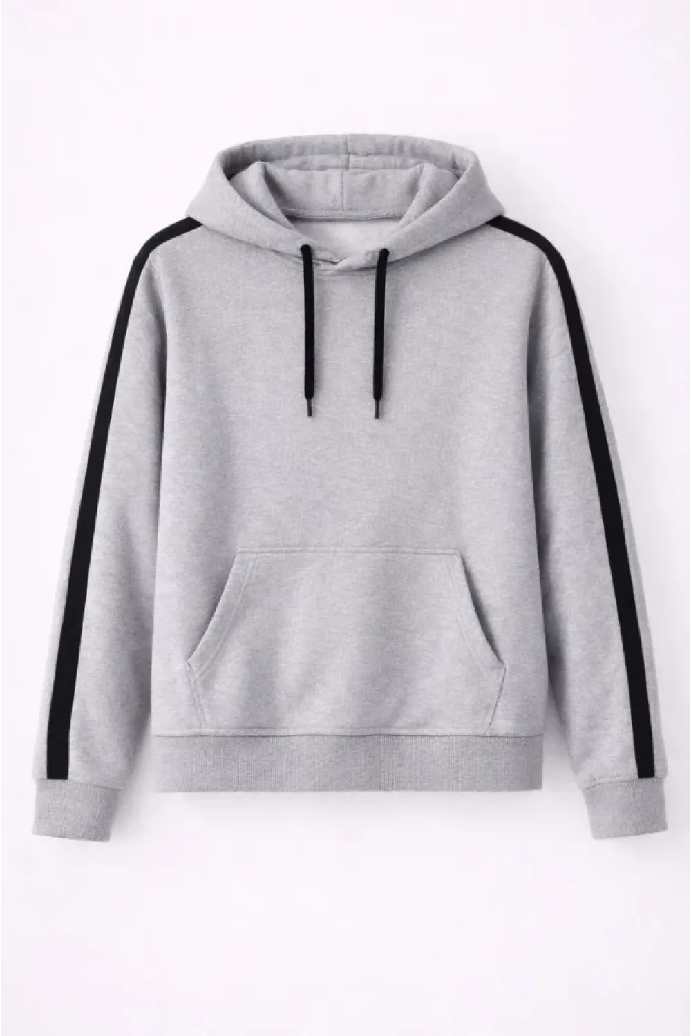 Erkek Şeritli Kapüşonlu Sweatshirt Oversize 3 Iplik Pamuklu - Gri