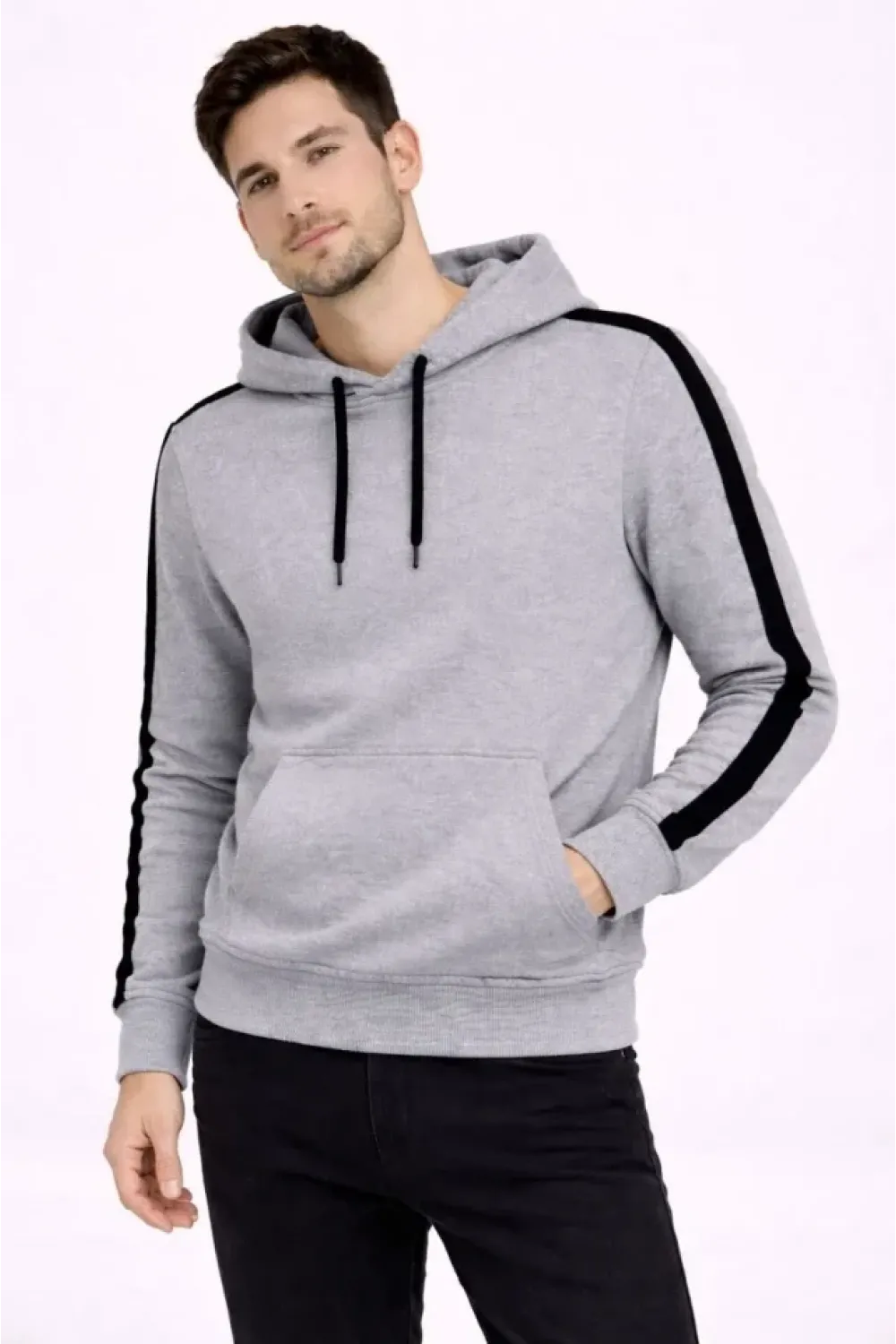Erkek Şeritli Kapüşonlu Sweatshirt Oversize 3 Iplik Pamuklu - Gri