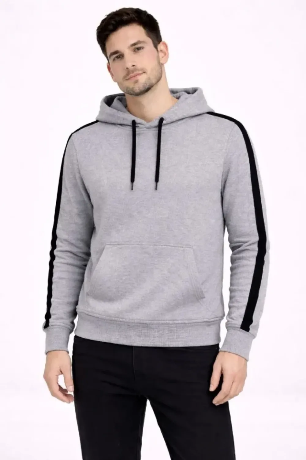 Erkek Şeritli Kapüşonlu Sweatshirt Oversize 3 Iplik Pamuklu - Gri