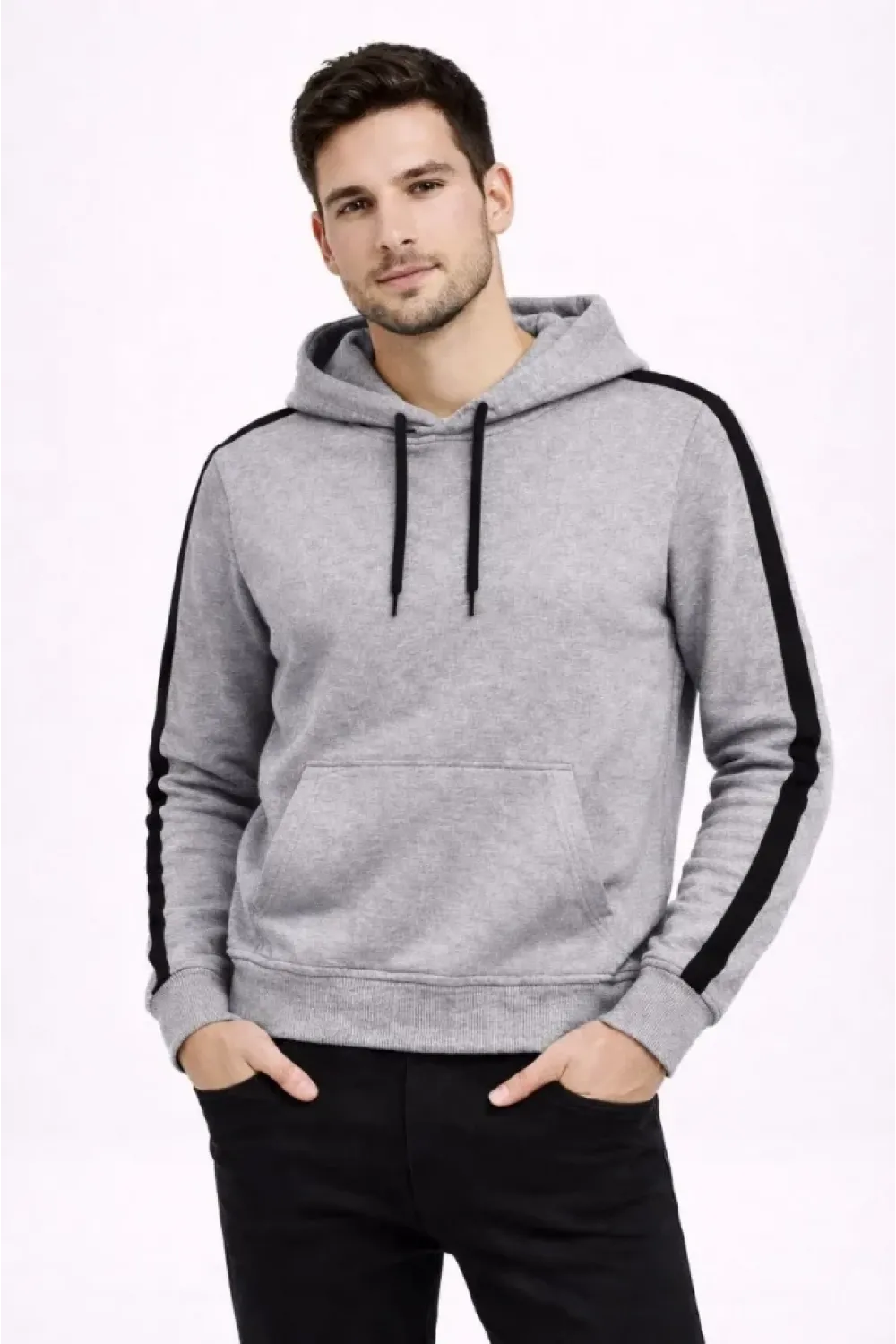Erkek Şeritli Kapüşonlu Sweatshirt Oversize 3 Iplik Pamuklu - Gri