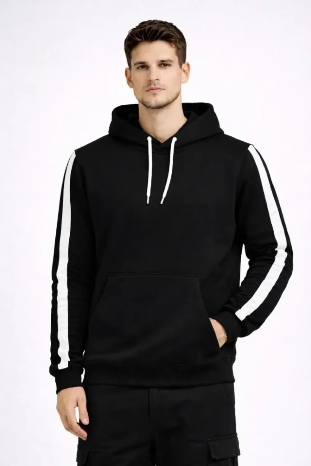 Erkek Şeritli Kapüşonlu Sweatshirt Oversize 3 Iplik Pamuklu - Siyah