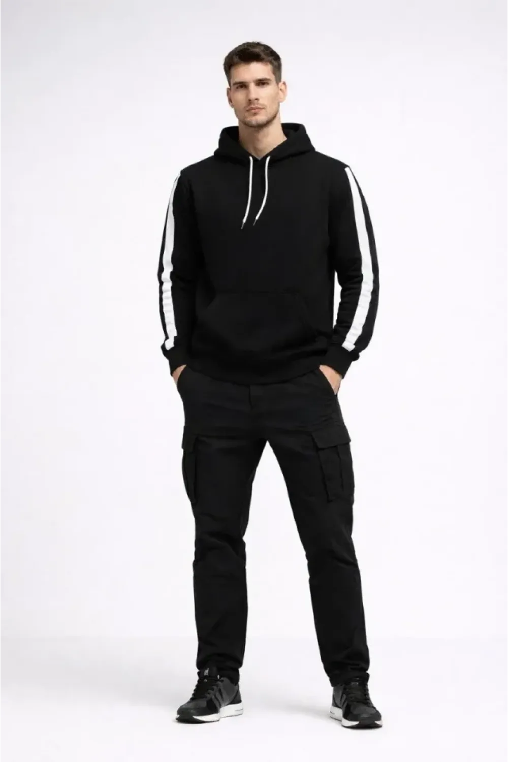 Erkek Şeritli Kapüşonlu Sweatshirt Oversize 3 Iplik Pamuklu - Siyah